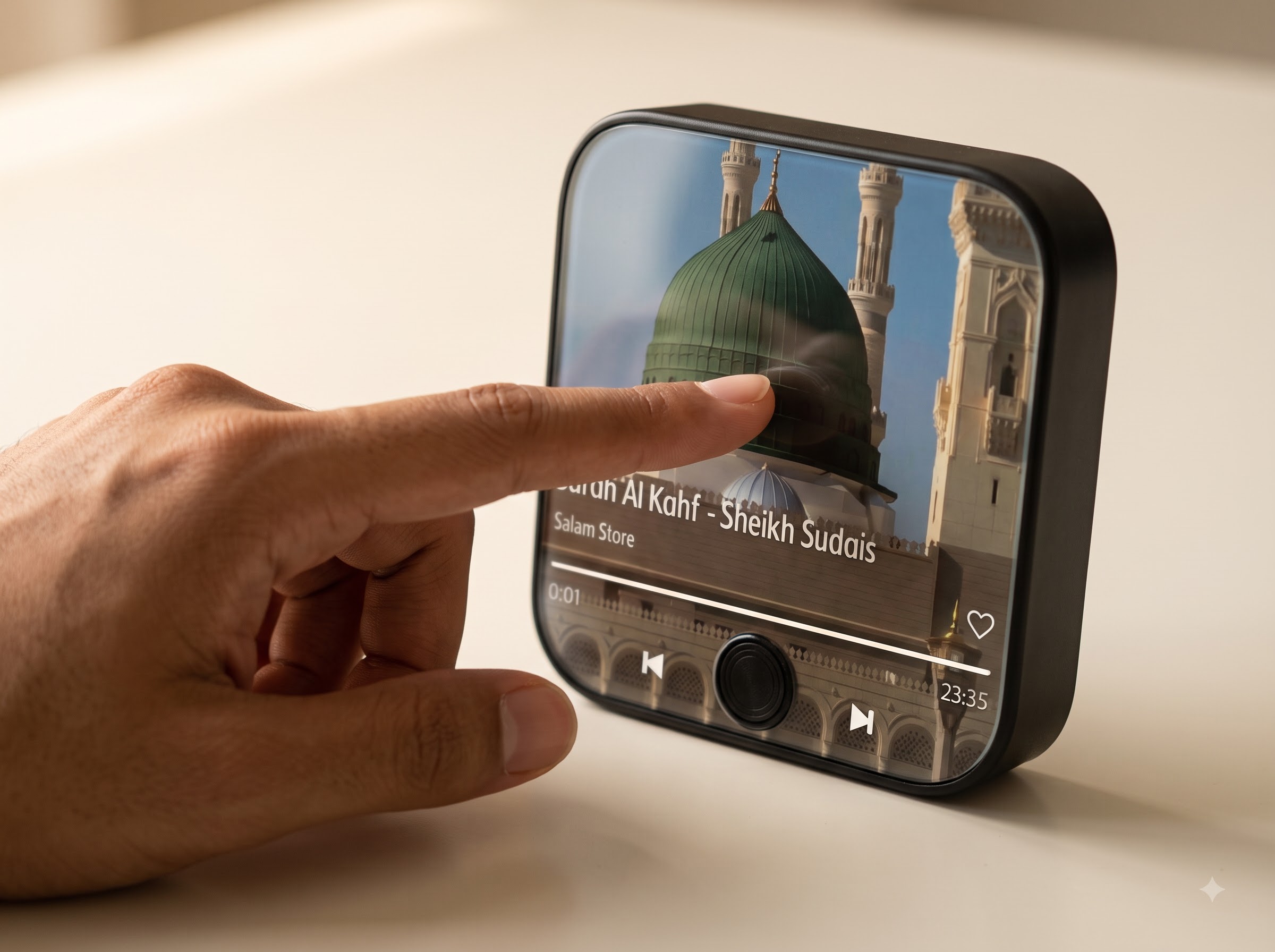 A thumb pressing the front of the Noor Audio panel